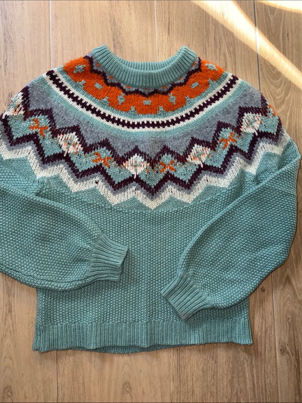 J Crew  Size medium Zigzag Fair Isle Sweater Blue Aqua Warm Ivory crewneck - Picture 2 of 7
